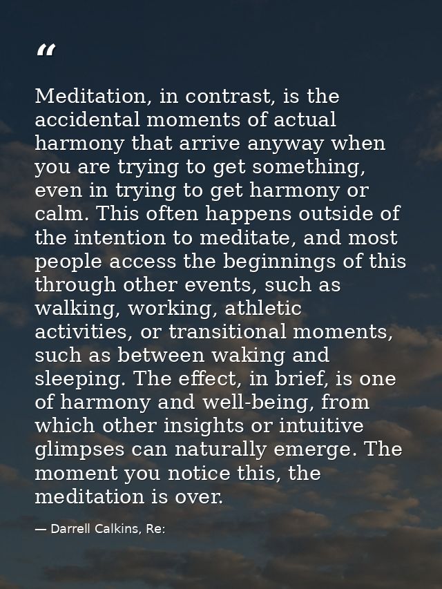 Meditation, in contrast, is the accidental moments of actual harmony that arrive anyway when you are trying to get somet — Darrell Calkins, Re: