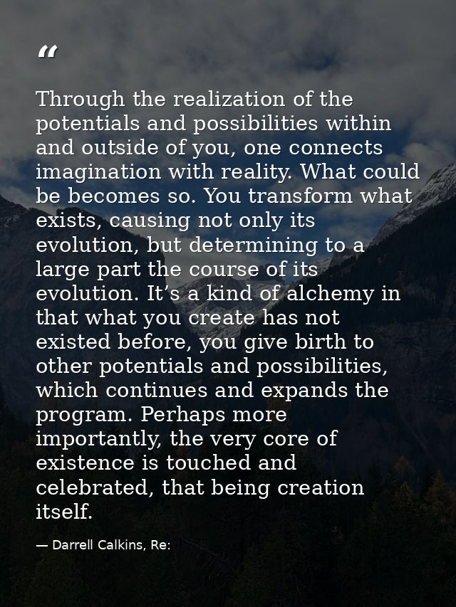 Through the realization of the potentials and possibilities within and outside of you, one connects imagination with rea — Darrell Calkins, Re: