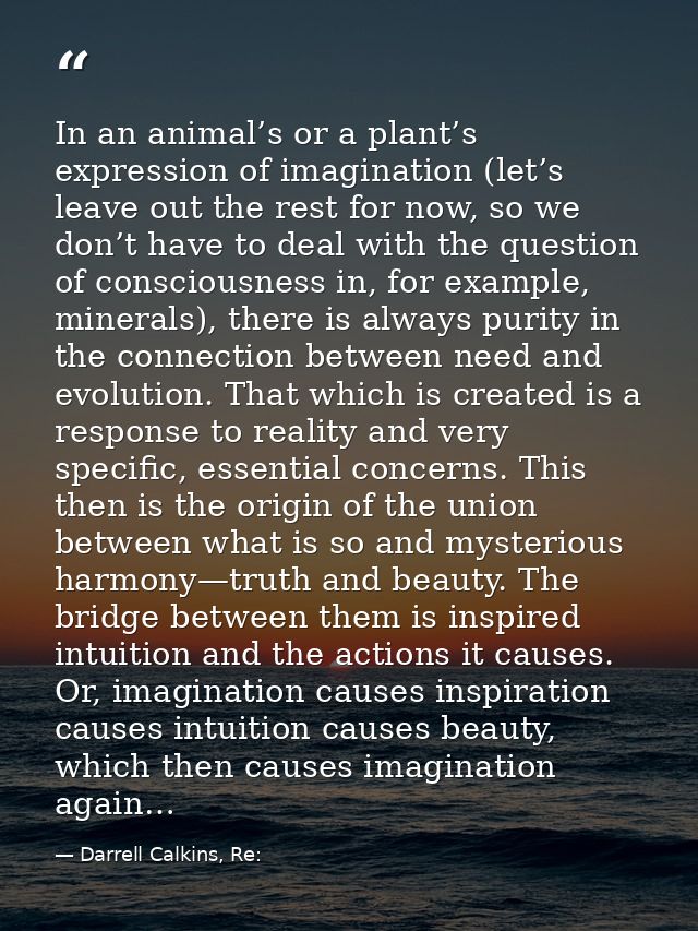 In an animal’s or a plant’s expression of imagination (let’s leave out the rest for now, so we don’t have to deal with t — Darrell Calkins, Re: