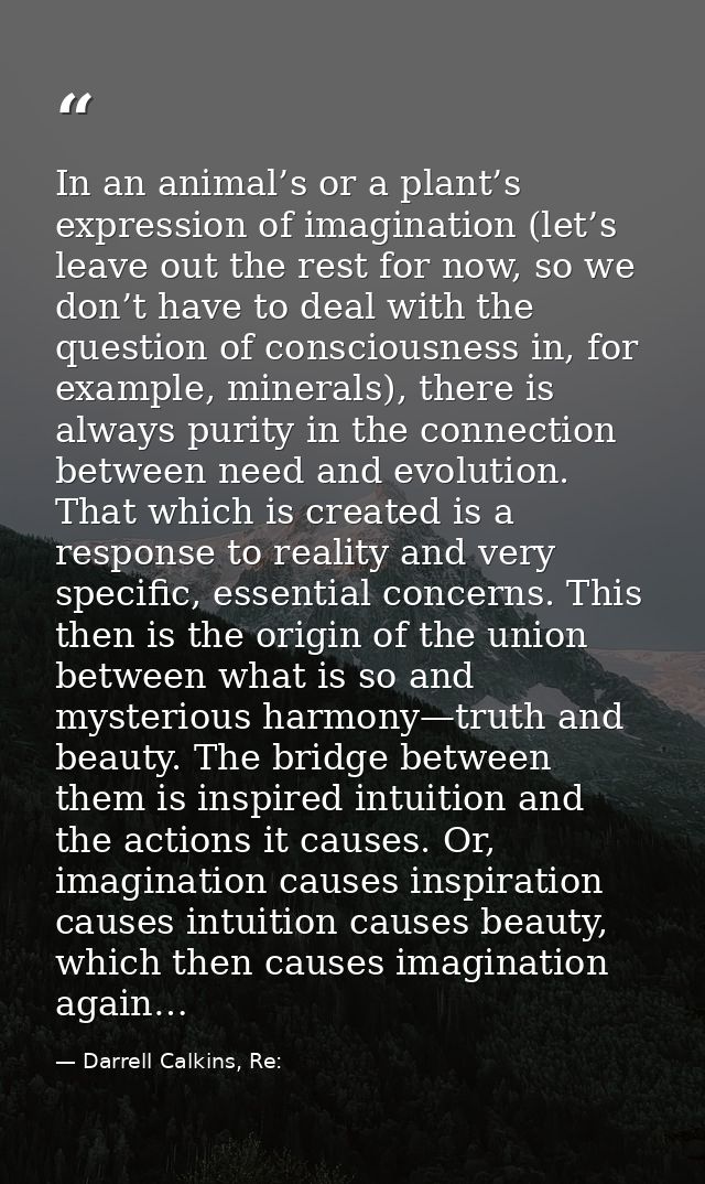 In an animal’s or a plant’s expression of imagination (let’s leave out the rest for now, so we don’t have to deal with t — Darrell Calkins, Re: