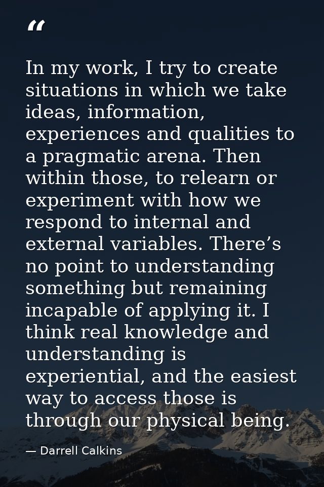 In my work, I try to create situations in which we take ideas, information, experiences and qualities to a pragmatic are — Darrell Calkins