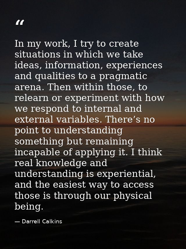 In my work, I try to create situations in which we take ideas, information, experiences and qualities to a pragmatic are — Darrell Calkins