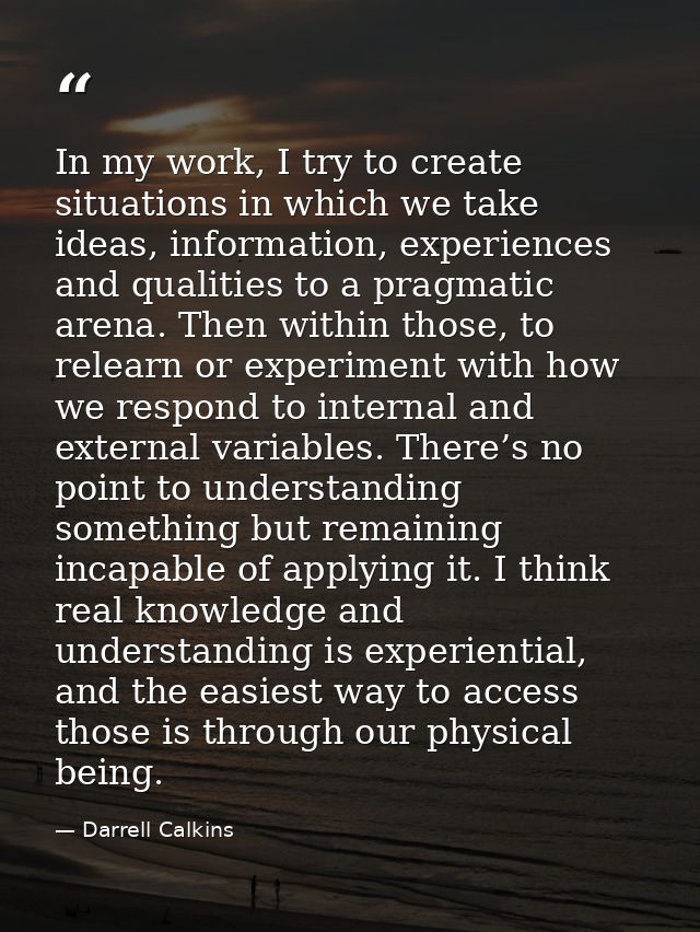 In my work, I try to create situations in which we take ideas, information, experiences and qualities to a pragmatic are — Darrell Calkins