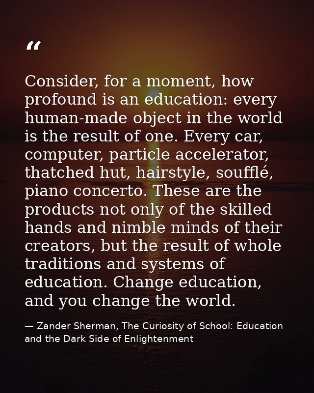 Consider, for a moment, how profound is an education: every human-made object in the world is the result of one. Every c — Zander Sherman, The Curiosity of School: Education and the Dark Side of Enlightenment