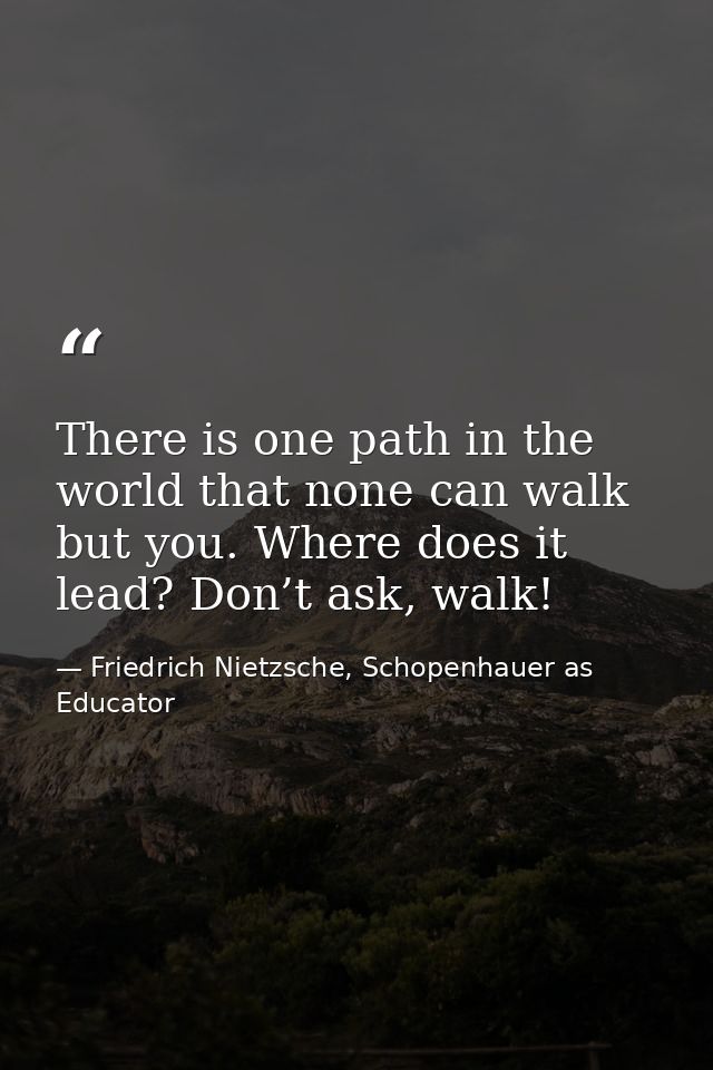 There is one path in the world that none can walk but you. Where does it lead? Don’t ask, walk! — Friedrich Nietzsche, Schopenhauer as Educator