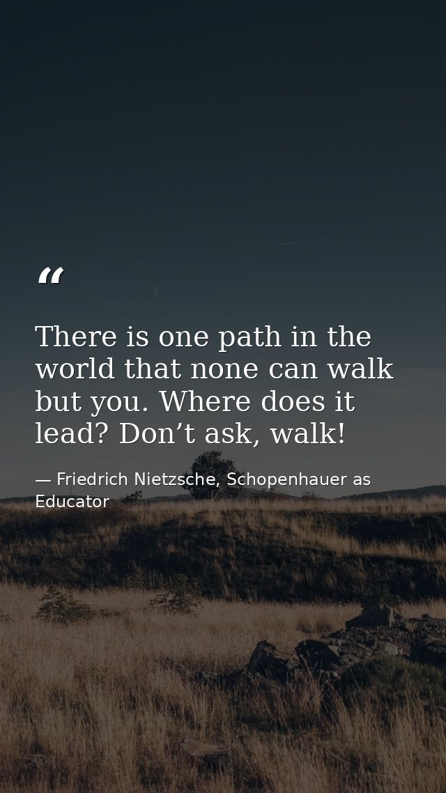 There is one path in the world that none can walk but you. Where does it lead? Don’t ask, walk! — Friedrich Nietzsche, Schopenhauer as Educator
