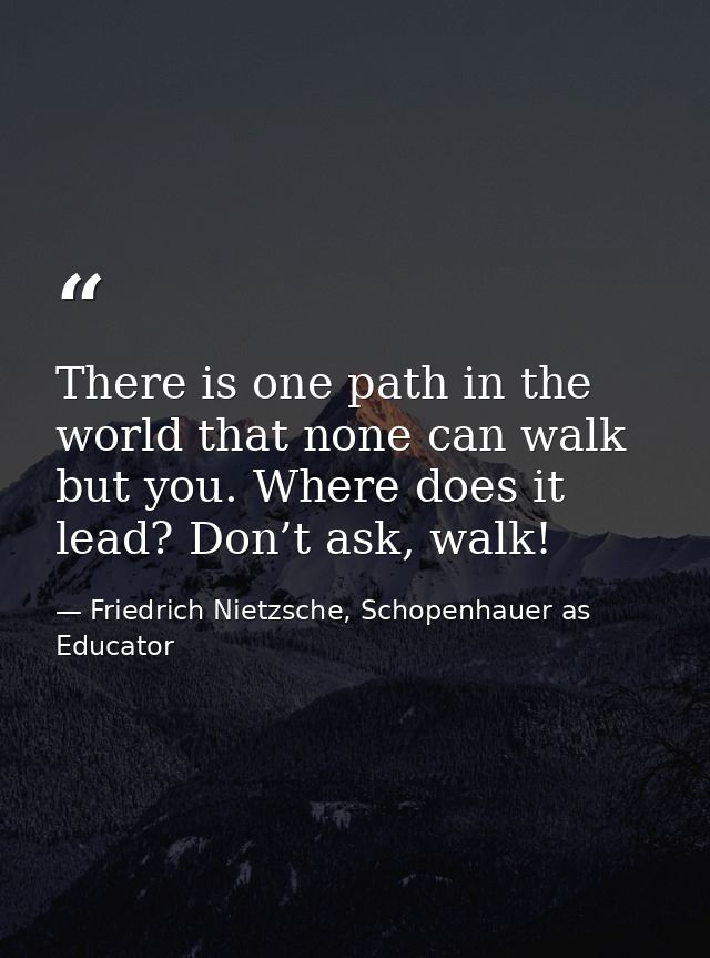 There is one path in the world that none can walk but you. Where does it lead? Don’t ask, walk! — Friedrich Nietzsche, Schopenhauer as Educator