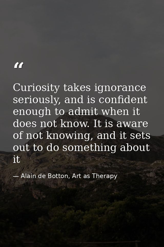 Curiosity takes ignorance seriously, and is confident enough to admit when it does not know. It is aware of not knowing, — Alain de Botton, Art as Therapy
