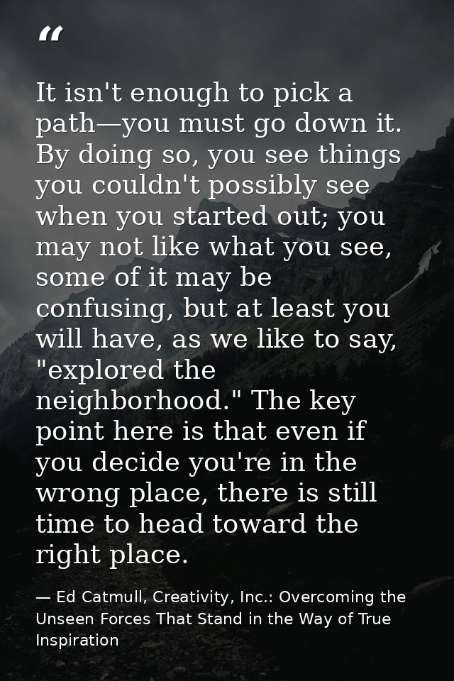 It isn't enough to pick a path—you must go down it. By doing so, you see things you couldn't possibly see when you start — Ed Catmull, Creativity, Inc.: Overcoming the Unseen Forces That Stand in the Way of True Inspiration