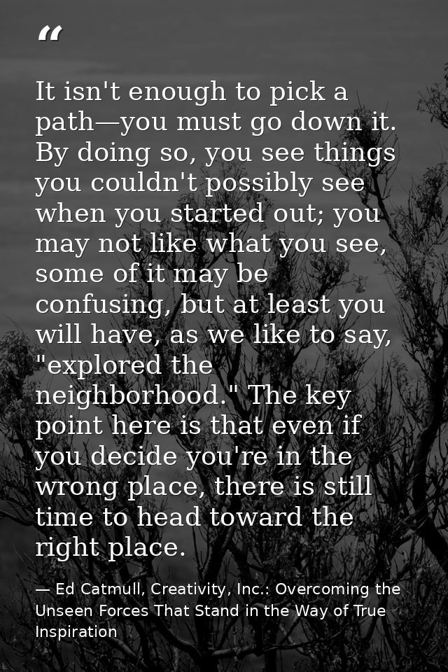 It isn't enough to pick a path—you must go down it. By doing so, you see things you couldn't possibly see when you start — Ed Catmull, Creativity, Inc.: Overcoming the Unseen Forces That Stand in the Way of True Inspiration