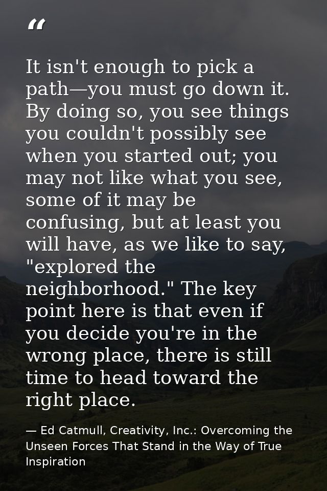 It isn't enough to pick a path—you must go down it. By doing so, you see things you couldn't possibly see when you start — Ed Catmull, Creativity, Inc.: Overcoming the Unseen Forces That Stand in the Way of True Inspiration