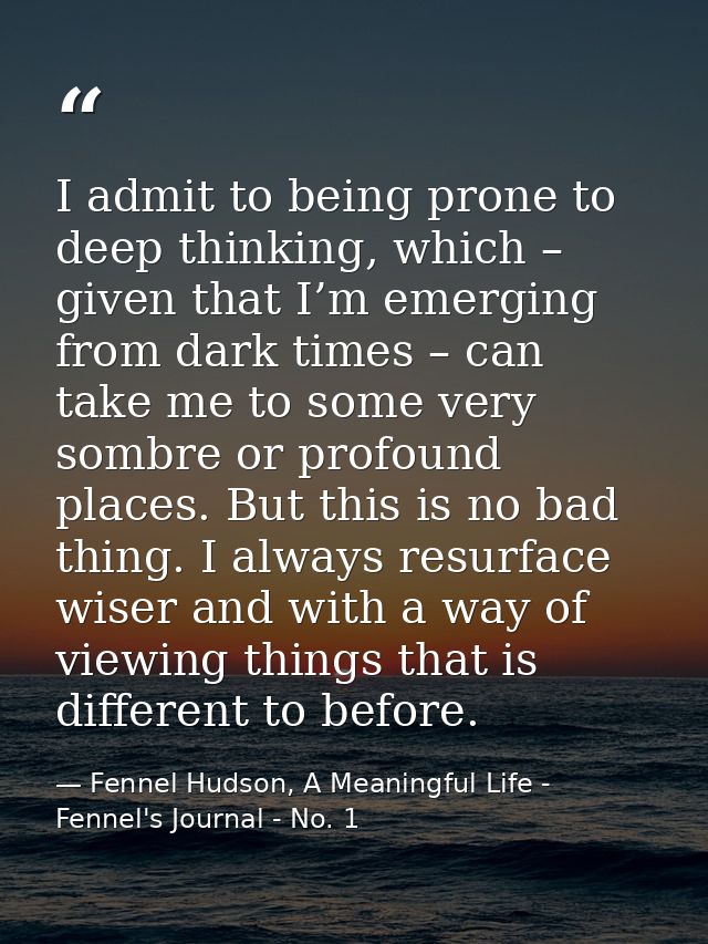 I admit to being prone to deep thinking, which – given that I’m emerging from dark times – can take me to some very somb — Fennel Hudson, A Meaningful Life - Fennel's Journal - No. 1