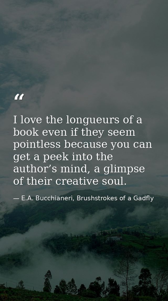 I love the longueurs of a book even if they seem pointless because you can get a peek into the author’s mind, a glimpse  — E.A. Bucchianeri, Brushstrokes of a Gadfly