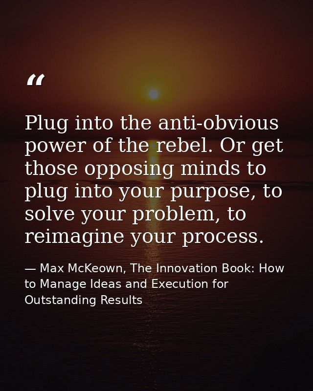 Plug into the anti-obvious power of the rebel. Or get those opposing minds to plug into your purpose, to solve your prob — Max McKeown, The Innovation Book: How to Manage Ideas and Execution for Outstanding Results