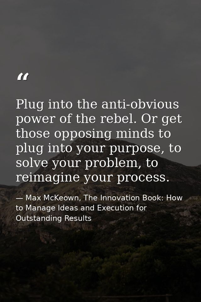 Plug into the anti-obvious power of the rebel. Or get those opposing minds to plug into your purpose, to solve your prob — Max McKeown, The Innovation Book: How to Manage Ideas and Execution for Outstanding Results