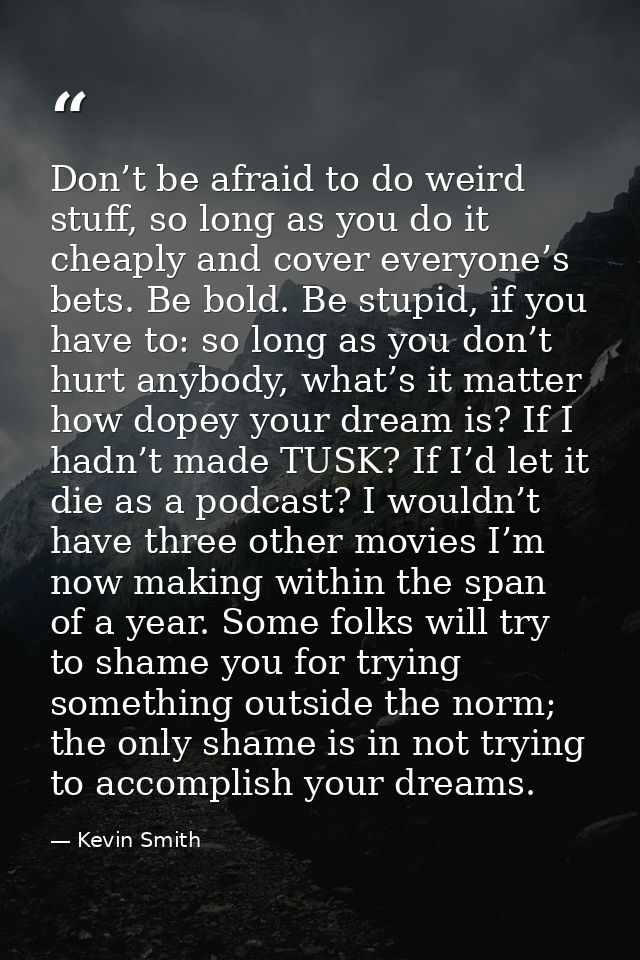 Don’t be afraid to do weird stuff, so long as you do it cheaply and cover everyone’s bets. Be bold. Be stupid, if you ha — Kevin Smith