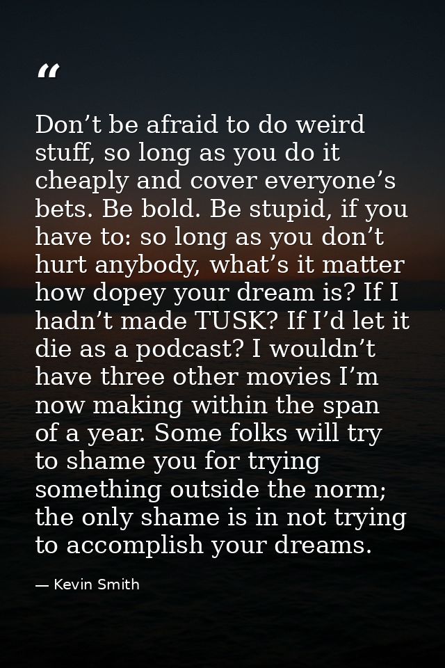 Don’t be afraid to do weird stuff, so long as you do it cheaply and cover everyone’s bets. Be bold. Be stupid, if you ha — Kevin Smith
