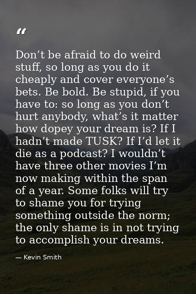 Don’t be afraid to do weird stuff, so long as you do it cheaply and cover everyone’s bets. Be bold. Be stupid, if you ha — Kevin Smith