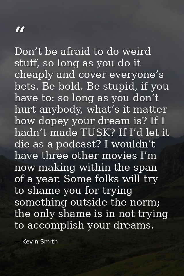 Don’t be afraid to do weird stuff, so long as you do it cheaply and cover everyone’s bets. Be bold. Be stupid, if you ha — Kevin Smith