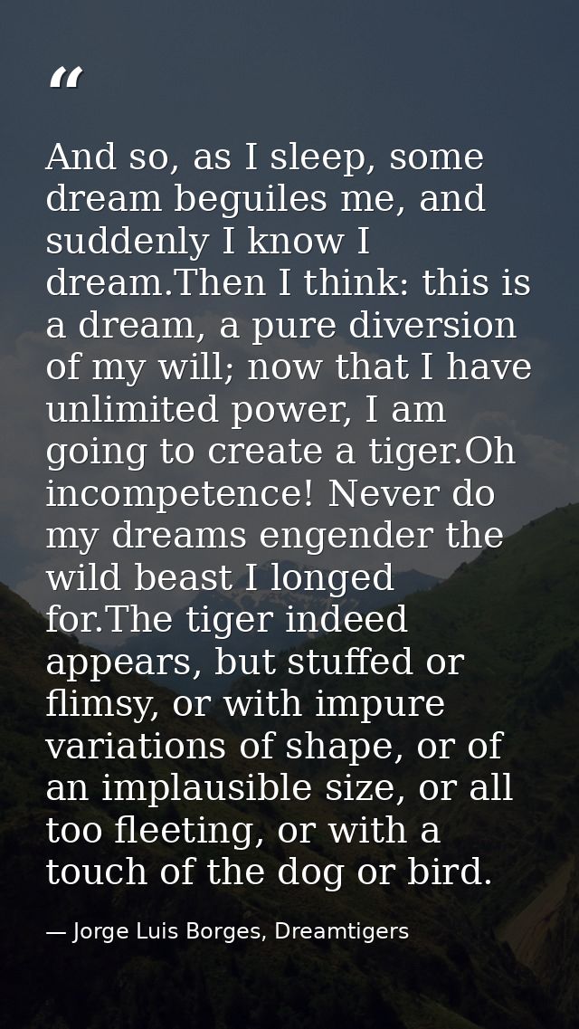 And so, as I sleep, some dream beguiles me, and suddenly I know I dream.Then I think: this is a dream, a pure diversion  — Jorge Luis Borges, Dreamtigers