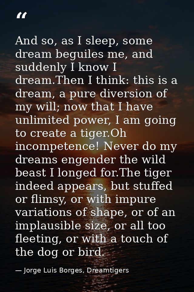 And so, as I sleep, some dream beguiles me, and suddenly I know I dream.Then I think: this is a dream, a pure diversion  — Jorge Luis Borges, Dreamtigers