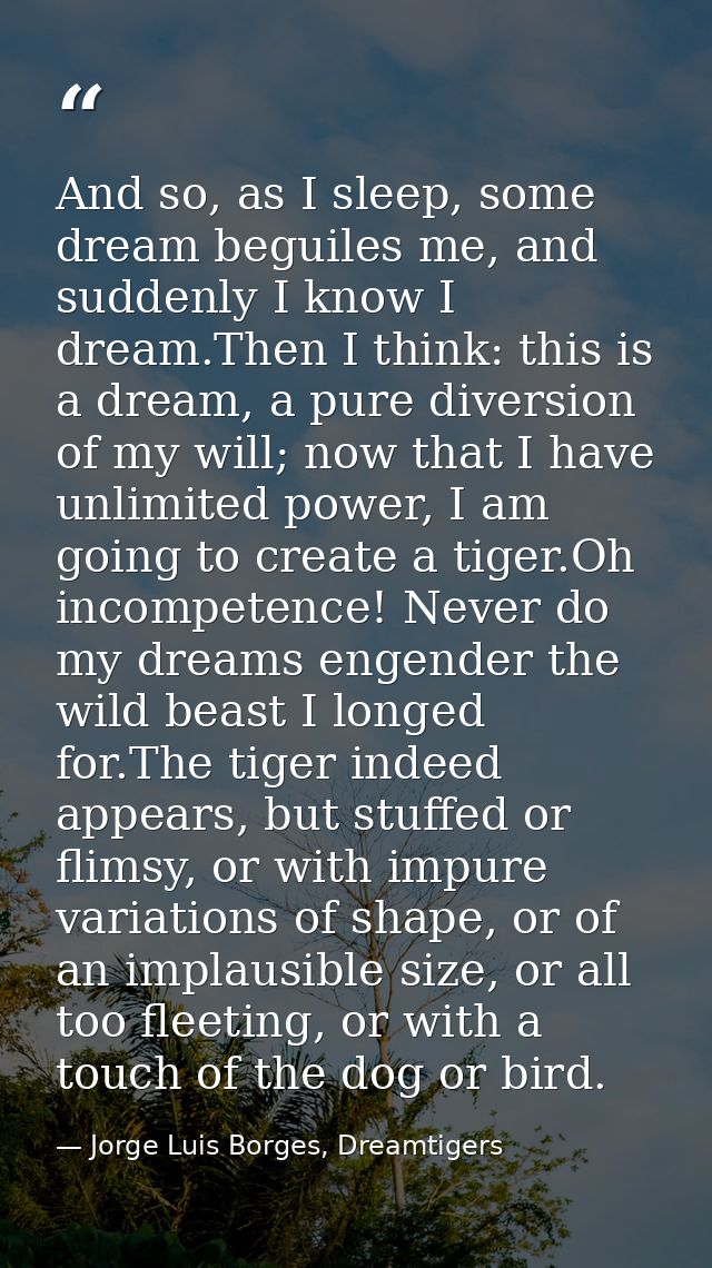 And so, as I sleep, some dream beguiles me, and suddenly I know I dream.Then I think: this is a dream, a pure diversion  — Jorge Luis Borges, Dreamtigers
