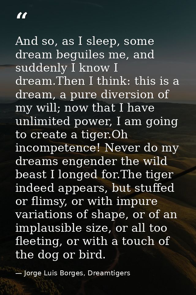And so, as I sleep, some dream beguiles me, and suddenly I know I dream.Then I think: this is a dream, a pure diversion  — Jorge Luis Borges, Dreamtigers