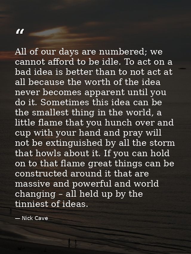 All of our days are numbered; we cannot afford to be idle. To act on a bad idea is better than to not act at all because — Nick Cave