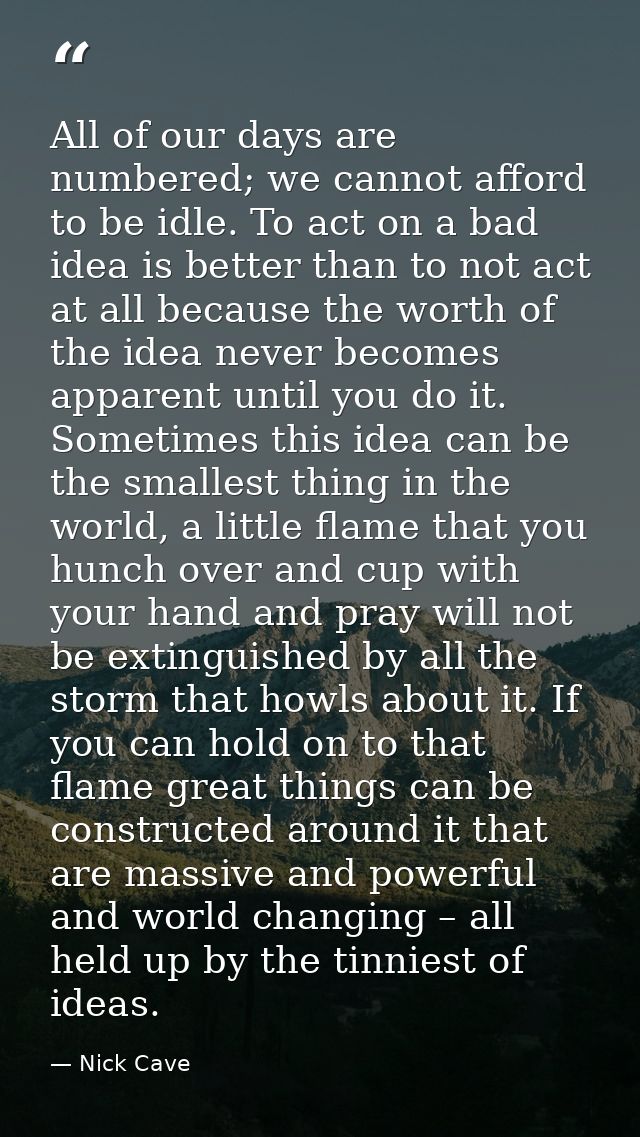 All of our days are numbered; we cannot afford to be idle. To act on a bad idea is better than to not act at all because — Nick Cave