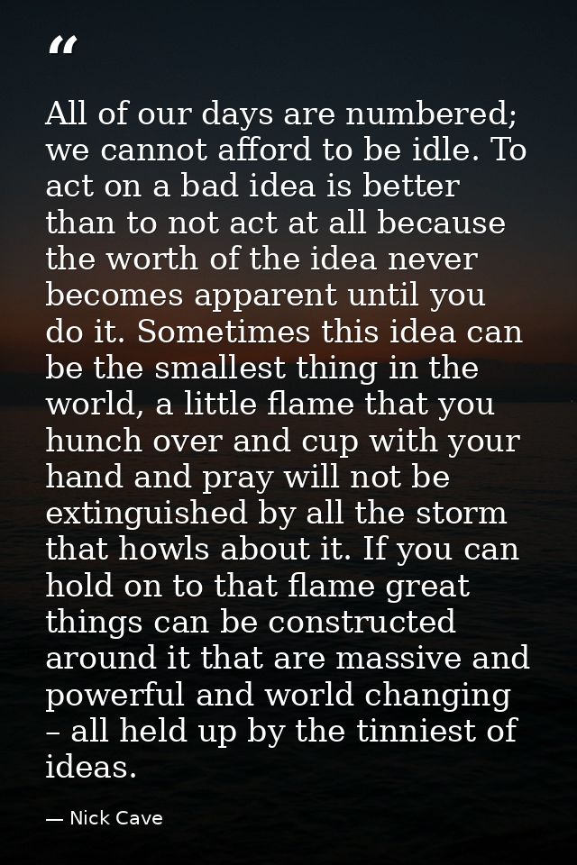 All of our days are numbered; we cannot afford to be idle. To act on a bad idea is better than to not act at all because — Nick Cave