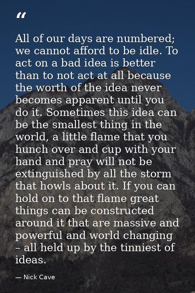 All of our days are numbered; we cannot afford to be idle. To act on a bad idea is better than to not act at all because — Nick Cave