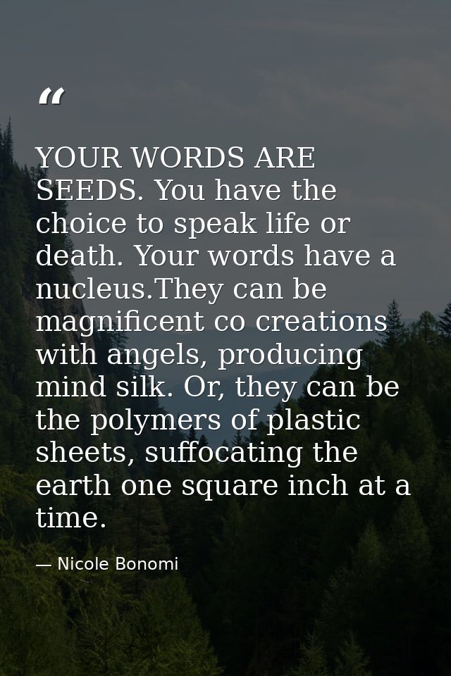 YOUR WORDS ARE SEEDS. You have the choice to speak life or death. Your words have a nucleus.They can be magnificent co c — Nicole Bonomi