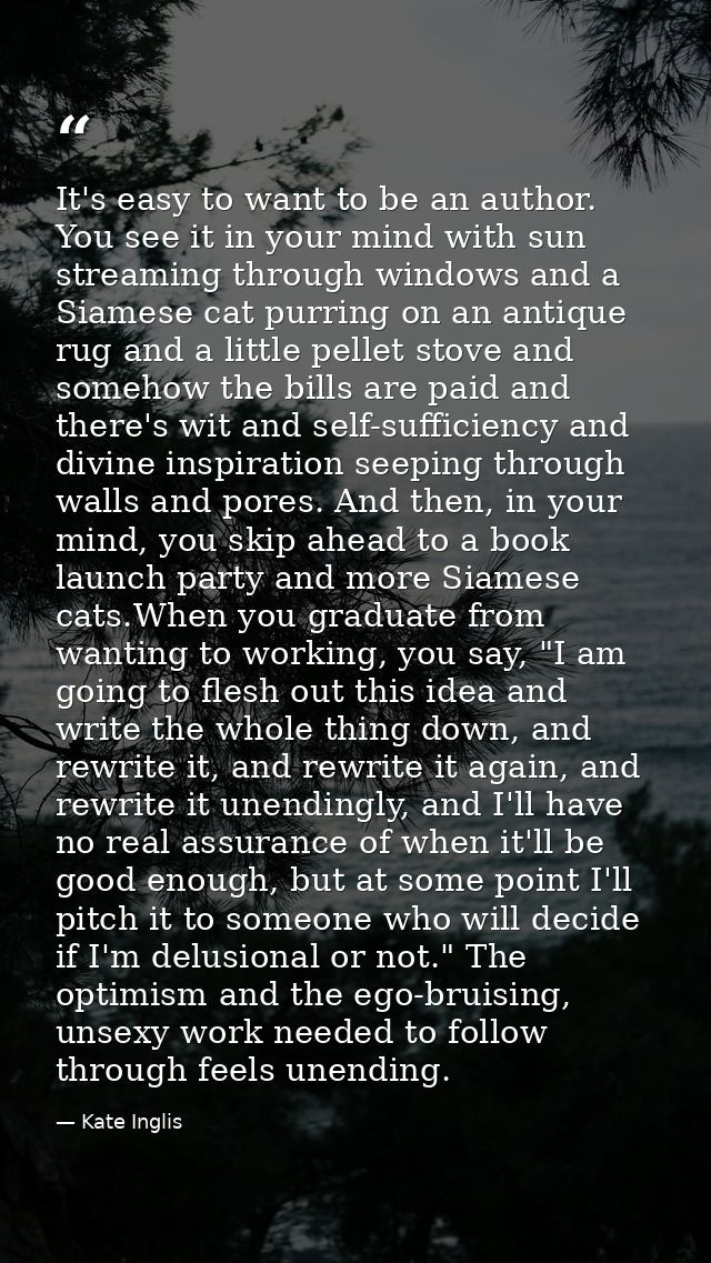 It's easy to want to be an author. You see it in your mind with sun streaming through windows and a Siamese cat purring  — Kate Inglis