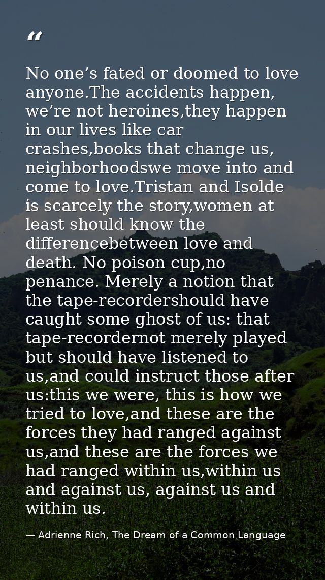 No one’s fated or doomed to love anyone.The accidents happen, we’re not heroines,they happen in our lives like car crash — Adrienne Rich, The Dream of a Common Language