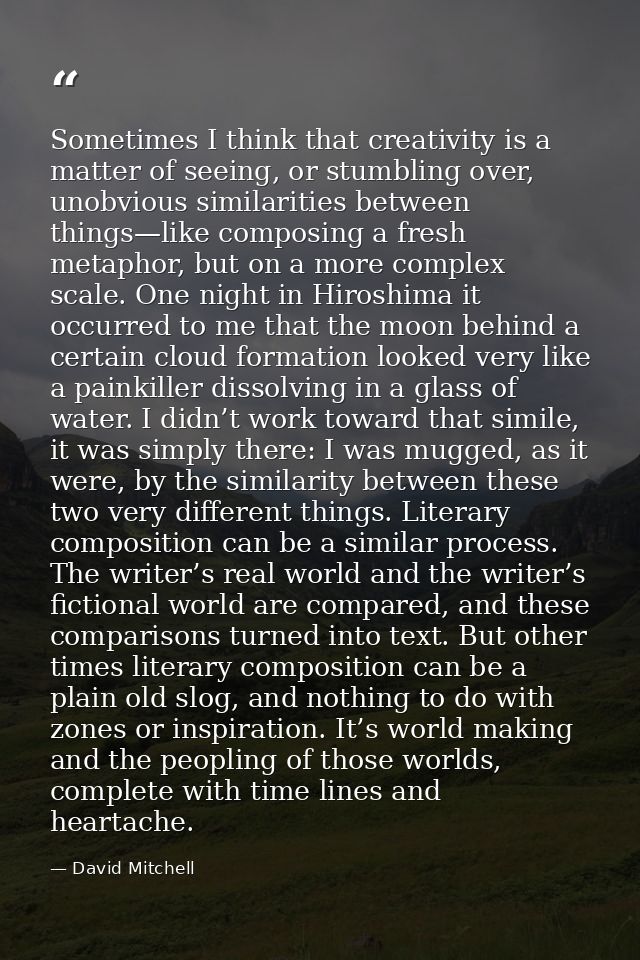 Sometimes I think that creativity is a matter of seeing, or stumbling over, unobvious similarities between things—like c — David Mitchell