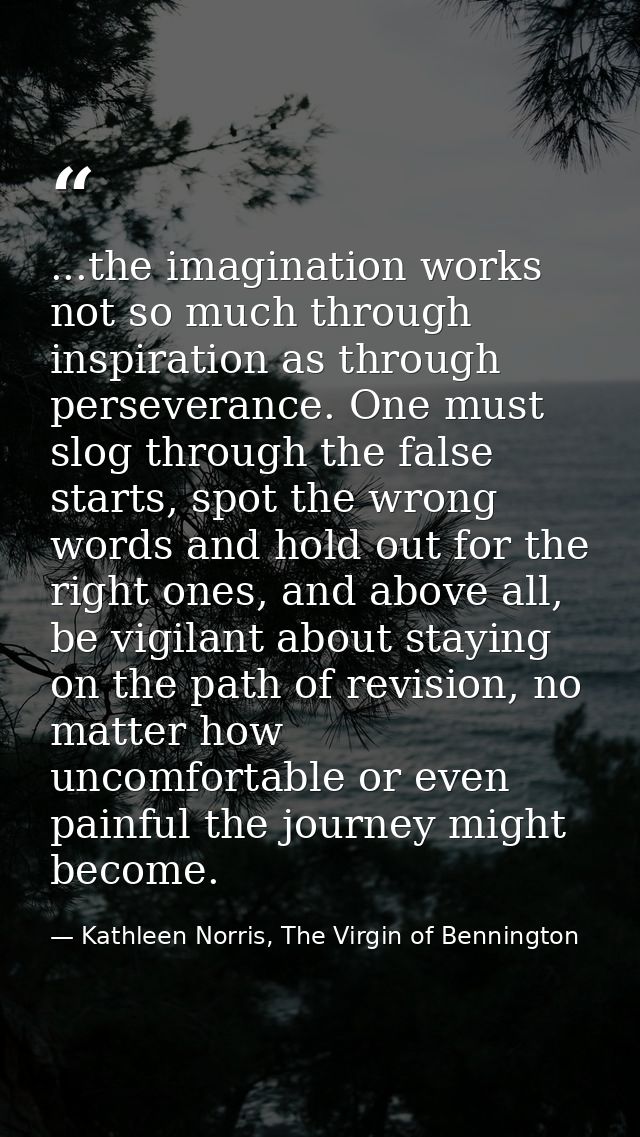 ...the imagination works not so much through inspiration as through perseverance. One must slog through the false starts — Kathleen Norris, The Virgin of Bennington