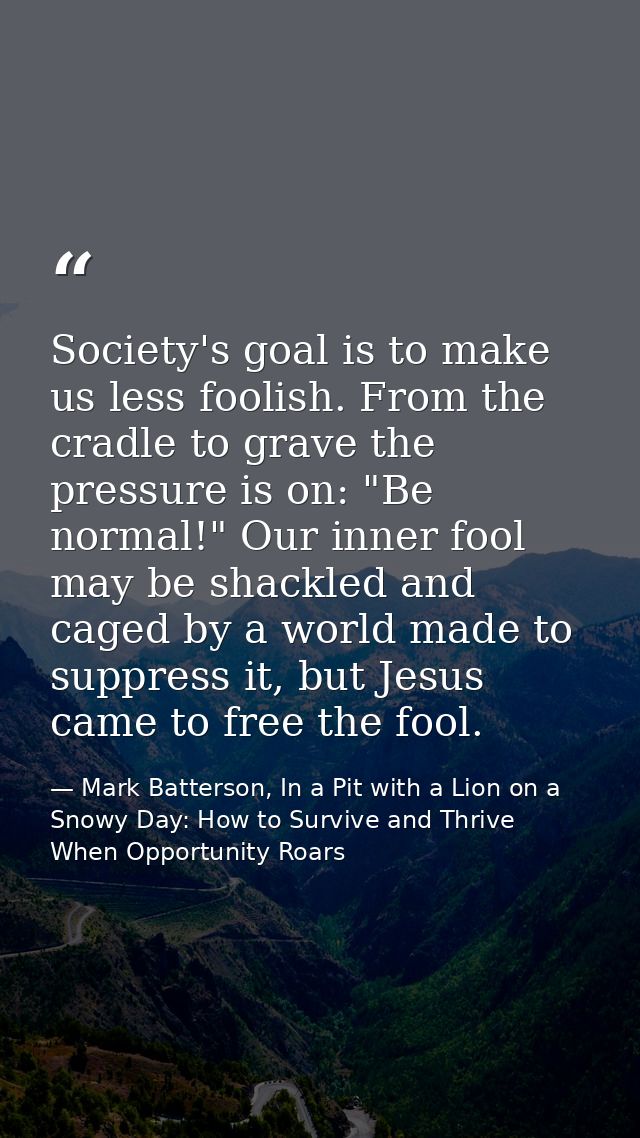 Society's goal is to make us less foolish. From the cradle to grave the pressure is on: "Be normal!" Our inner fool may  — Mark Batterson, In a Pit with a Lion on a Snowy Day: How to Survive and Thrive When Opportunity Roars