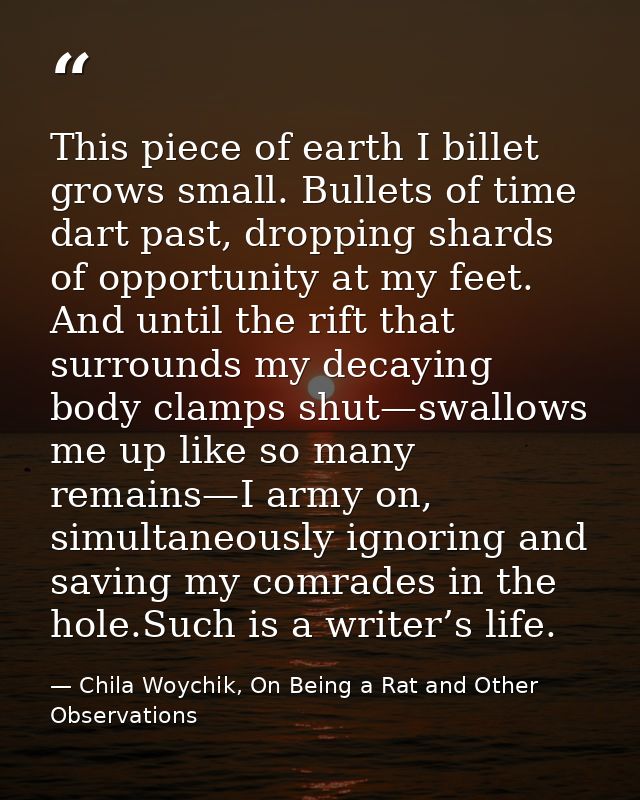 This piece of earth I billet grows small. Bullets of time dart past, dropping shards of opportunity at my feet. And unti — Chila Woychik, On Being a Rat and Other Observations