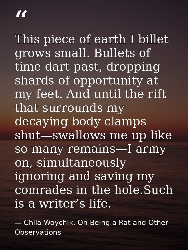 This piece of earth I billet grows small. Bullets of time dart past, dropping shards of opportunity at my feet. And unti — Chila Woychik, On Being a Rat and Other Observations