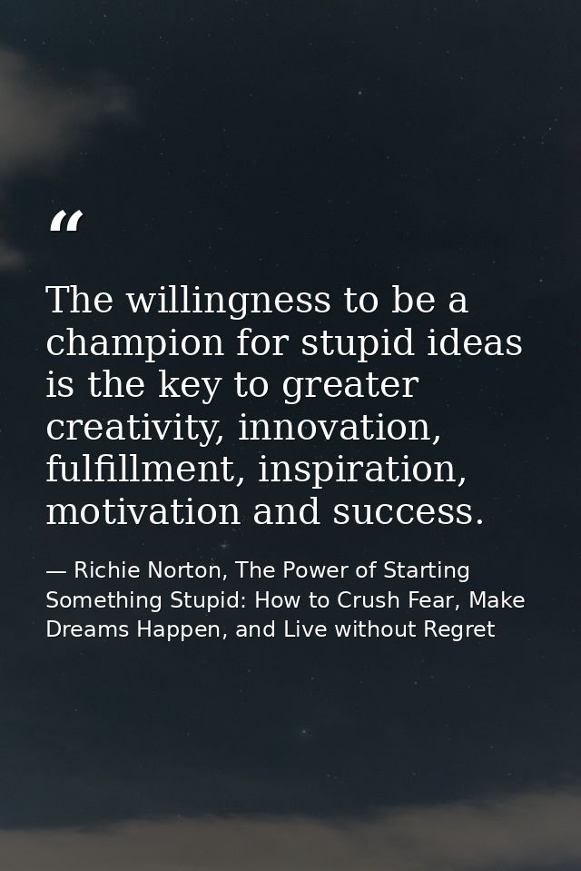 The willingness to be a champion for stupid ideas is the key to greater creativity, innovation, fulfillment, inspiration — Richie Norton, The Power of Starting Something Stupid: How to Crush Fear, Make Dreams Happen, and Live without Regret