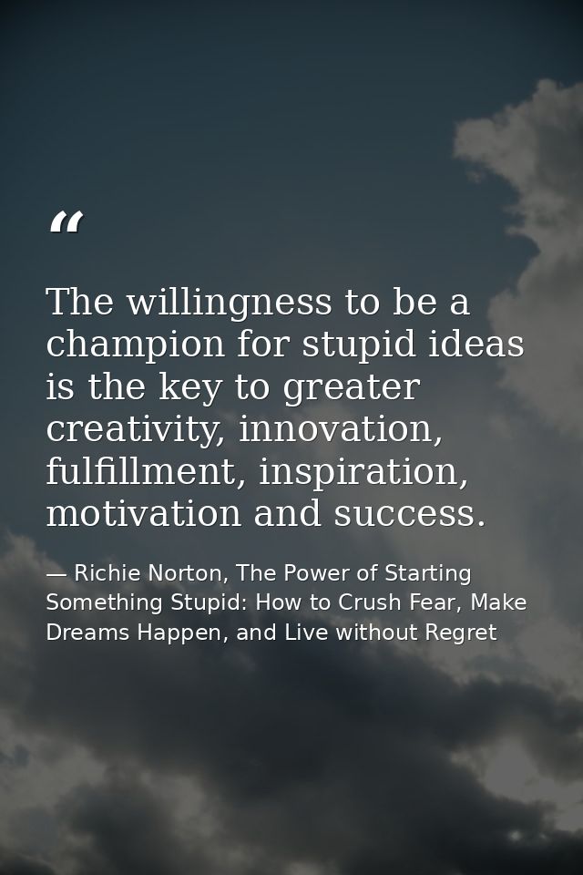 The willingness to be a champion for stupid ideas is the key to greater creativity, innovation, fulfillment, inspiration — Richie Norton, The Power of Starting Something Stupid: How to Crush Fear, Make Dreams Happen, and Live without Regret
