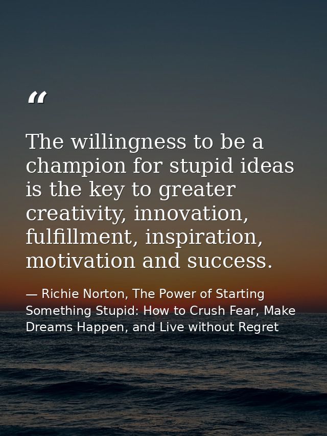 The willingness to be a champion for stupid ideas is the key to greater creativity, innovation, fulfillment, inspiration — Richie Norton, The Power of Starting Something Stupid: How to Crush Fear, Make Dreams Happen, and Live without Regret