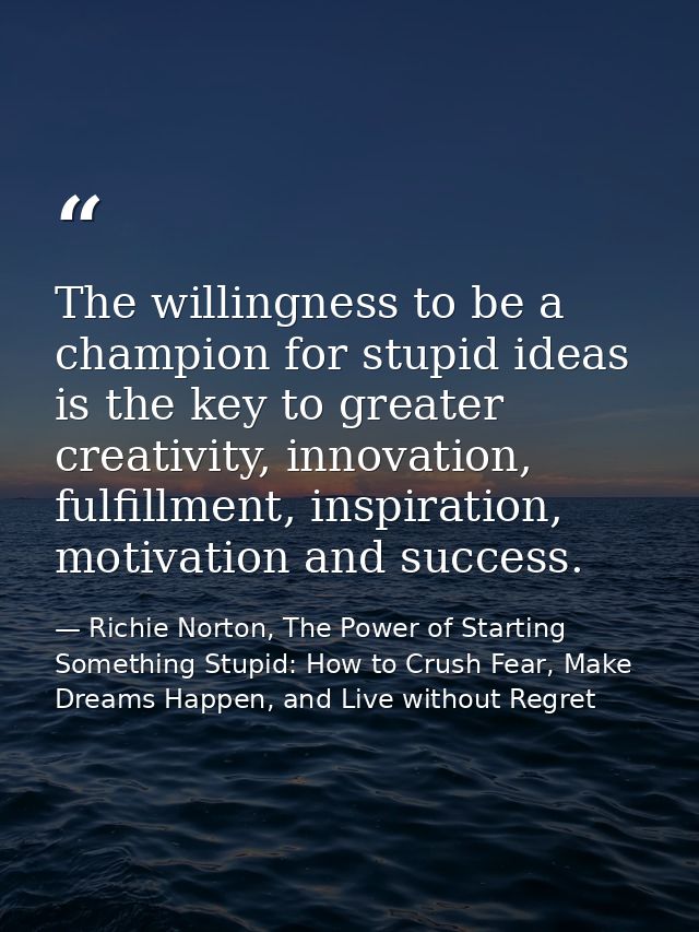 The willingness to be a champion for stupid ideas is the key to greater creativity, innovation, fulfillment, inspiration — Richie Norton, The Power of Starting Something Stupid: How to Crush Fear, Make Dreams Happen, and Live without Regret