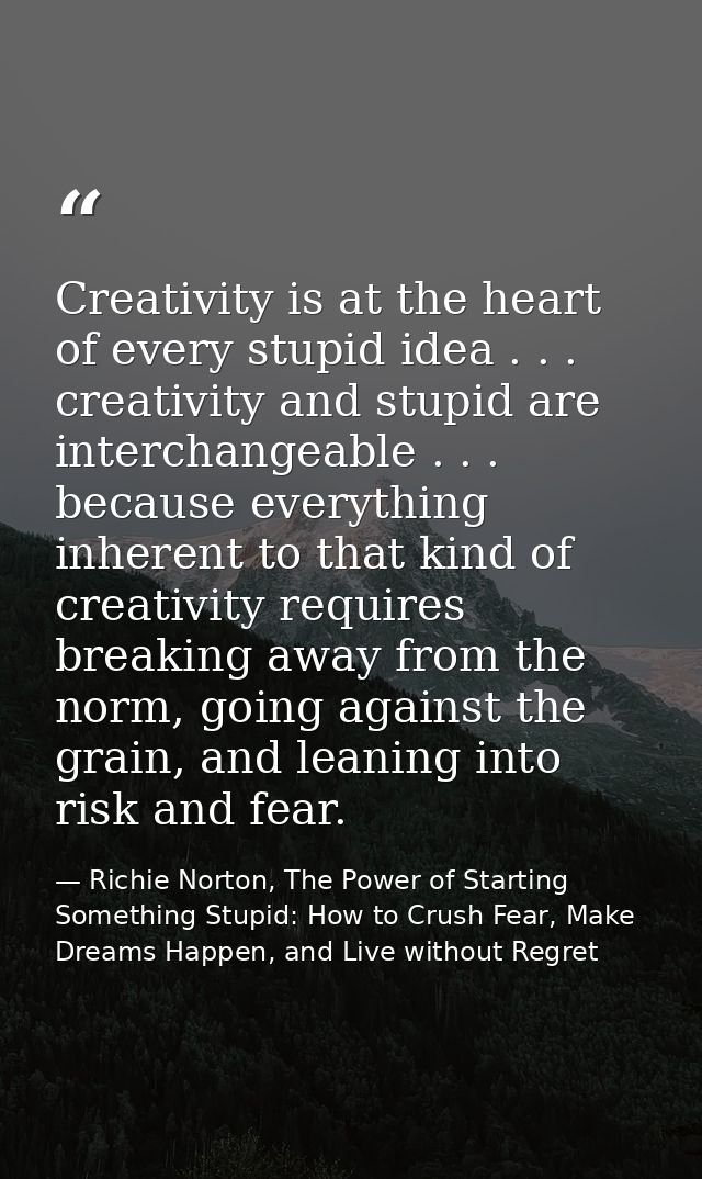Creativity is at the heart of every stupid idea . . . creativity and stupid are interchangeable . . . because everything — Richie Norton, The Power of Starting Something Stupid: How to Crush Fear, Make Dreams Happen, and Live without Regret