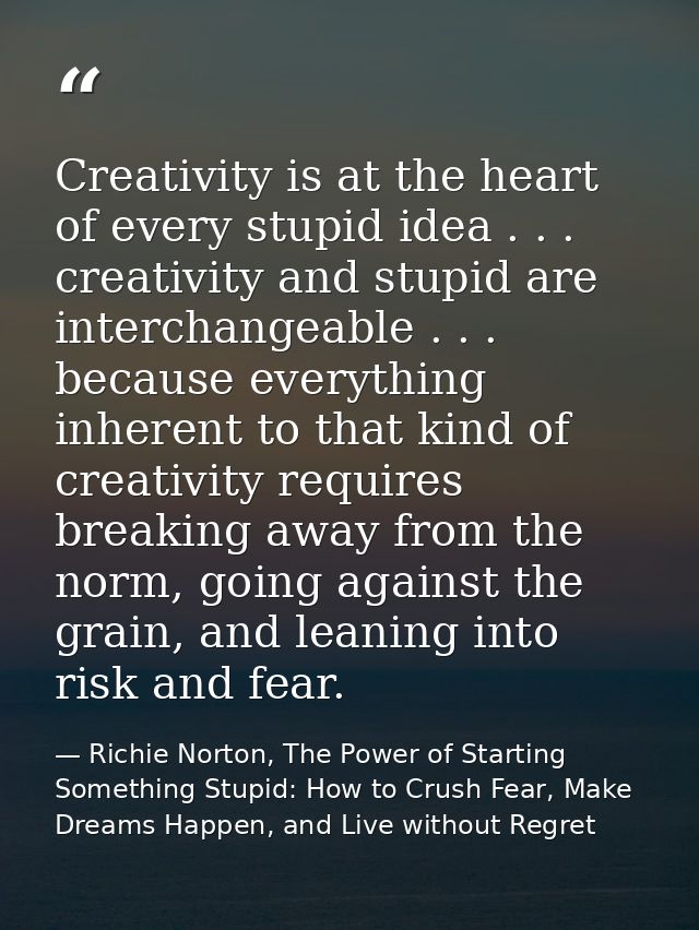 Creativity is at the heart of every stupid idea . . . creativity and stupid are interchangeable . . . because everything — Richie Norton, The Power of Starting Something Stupid: How to Crush Fear, Make Dreams Happen, and Live without Regret