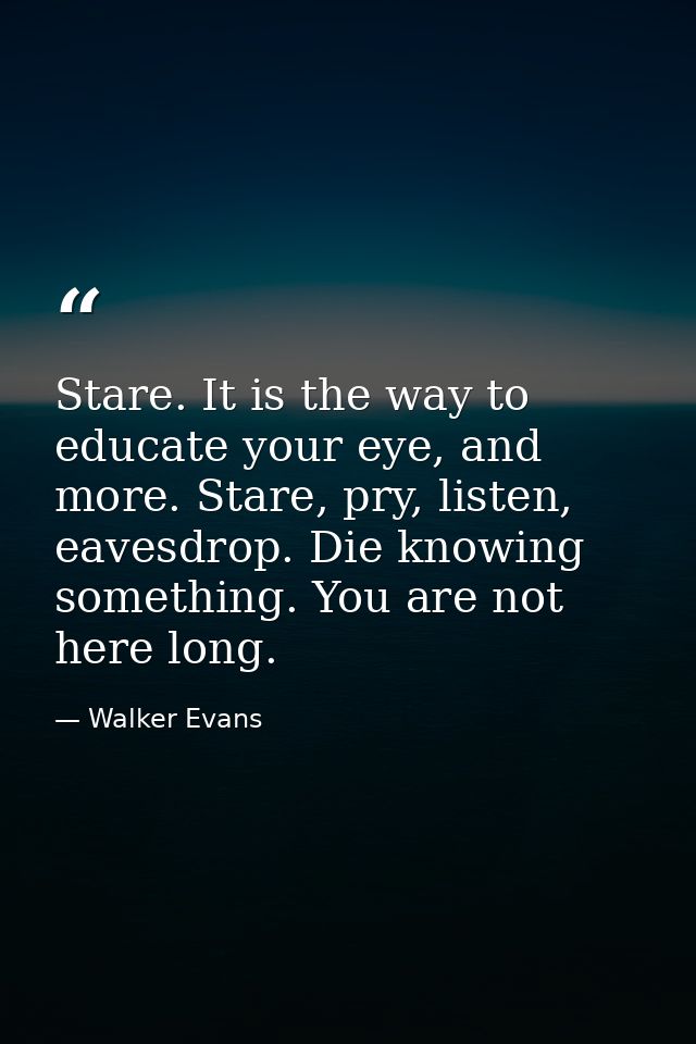 Stare. It is the way to educate your eye, and more. Stare, pry, listen, eavesdrop. Die knowing something. You are not he — Walker Evans