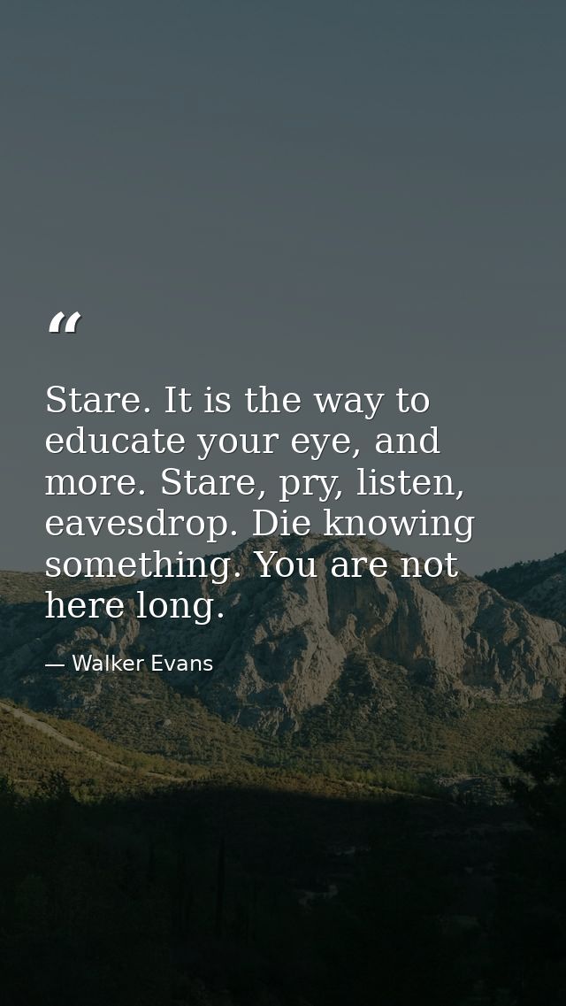 Stare. It is the way to educate your eye, and more. Stare, pry, listen, eavesdrop. Die knowing something. You are not he — Walker Evans