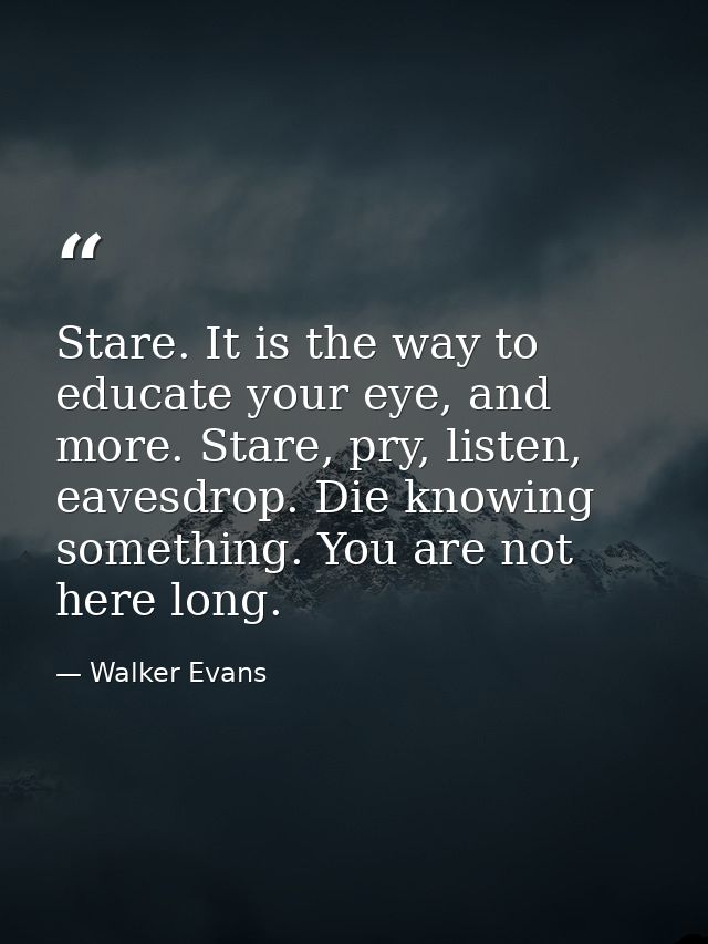 Stare. It is the way to educate your eye, and more. Stare, pry, listen, eavesdrop. Die knowing something. You are not he — Walker Evans