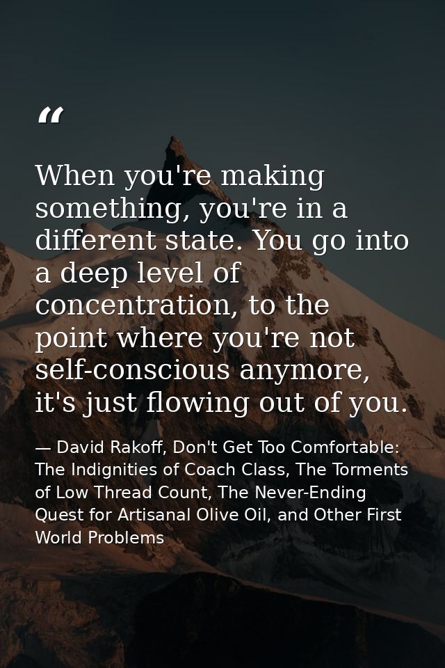 When you're making something, you're in a different state. You go into a deep level of concentration, to the point where — David Rakoff, Don't Get Too Comfortable: The Indignities of Coach Class, The Torments of Low Thread Count, The Never-Ending Quest for Artisanal Olive Oil, and Other First World Problems