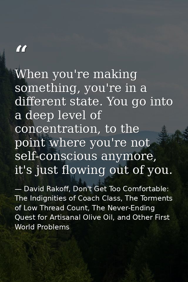 When you're making something, you're in a different state. You go into a deep level of concentration, to the point where — David Rakoff, Don't Get Too Comfortable: The Indignities of Coach Class, The Torments of Low Thread Count, The Never-Ending Quest for Artisanal Olive Oil, and Other First World Problems